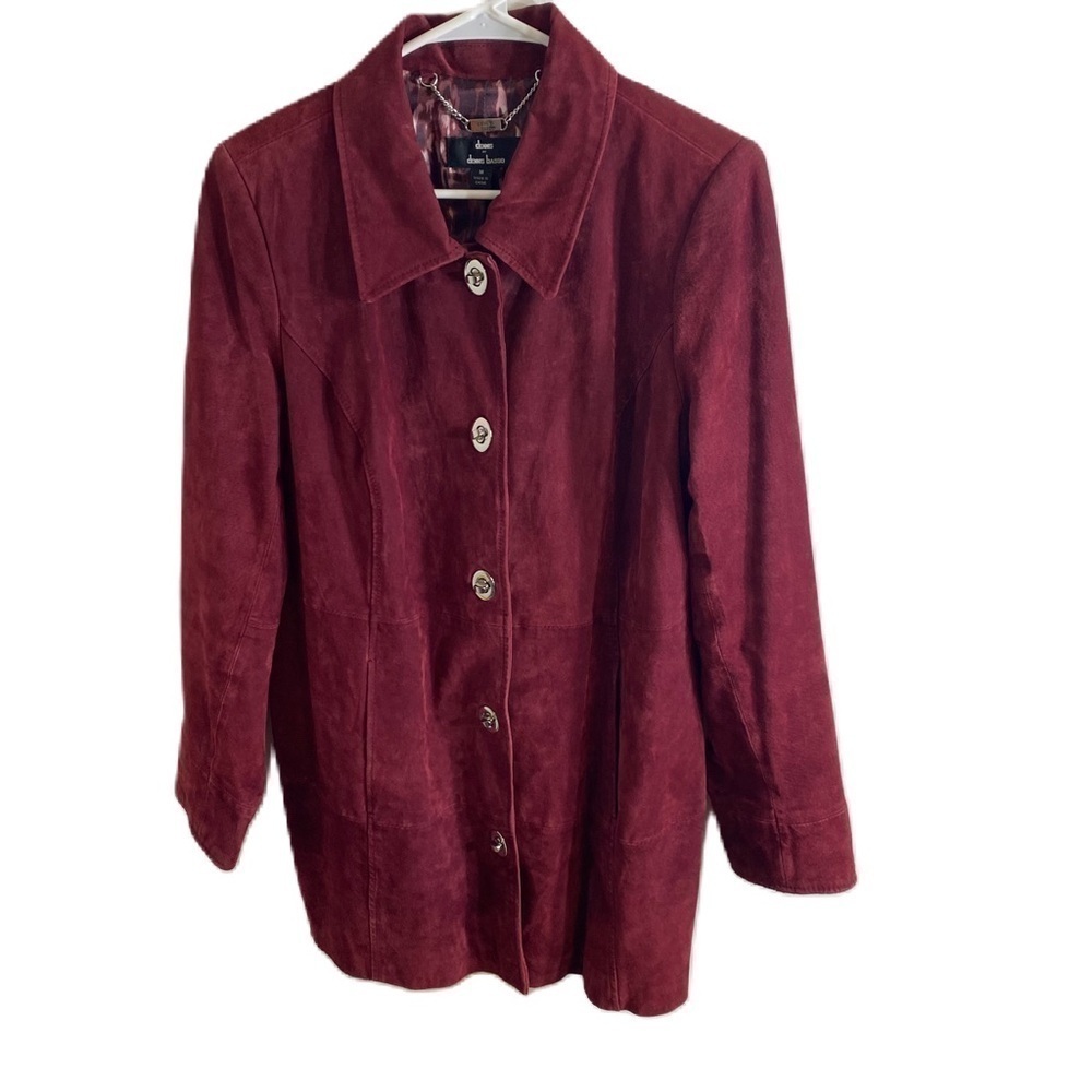 Dennis Basso Leather Pea Coat Jacket Medium Suede Maroon Purple Red